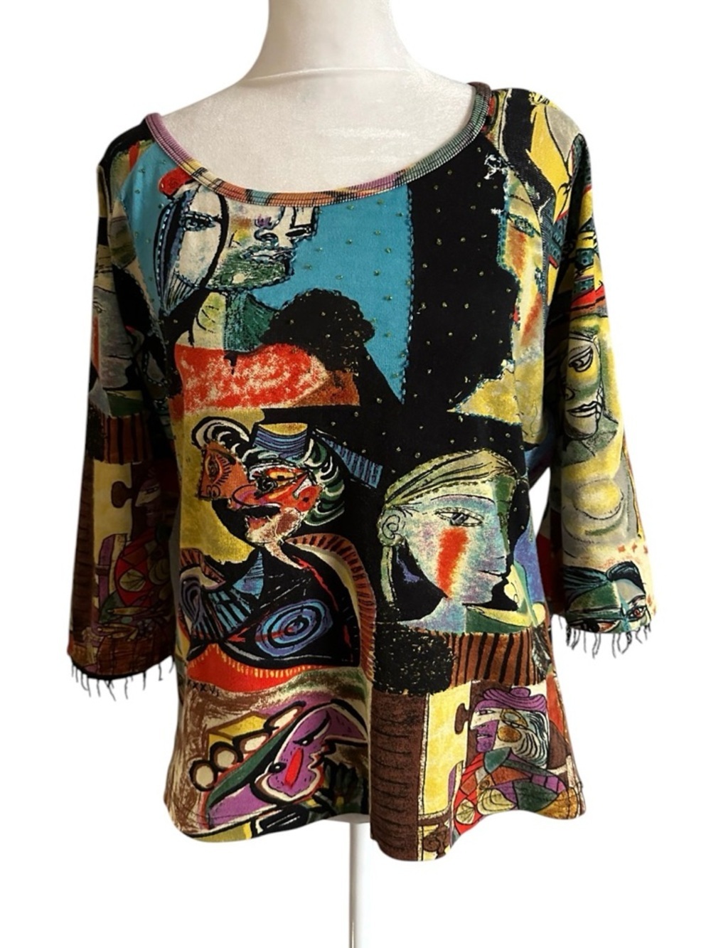 Kaktus vintage Abstract Multicolor Scoop Neck Women's Top size L beaded front - Picture 6 of 10